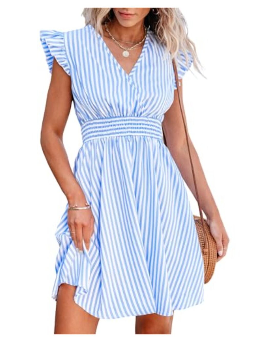 Women's V-Neck Flutter Sleeve Striped Smocked Waist A-Line Summer Mini Dress
